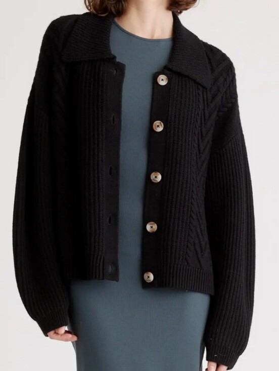 Quince Sweaters - Quince NWT 100% Merino Wool Classic Black Cable-Knit Button-Up Sweater Large